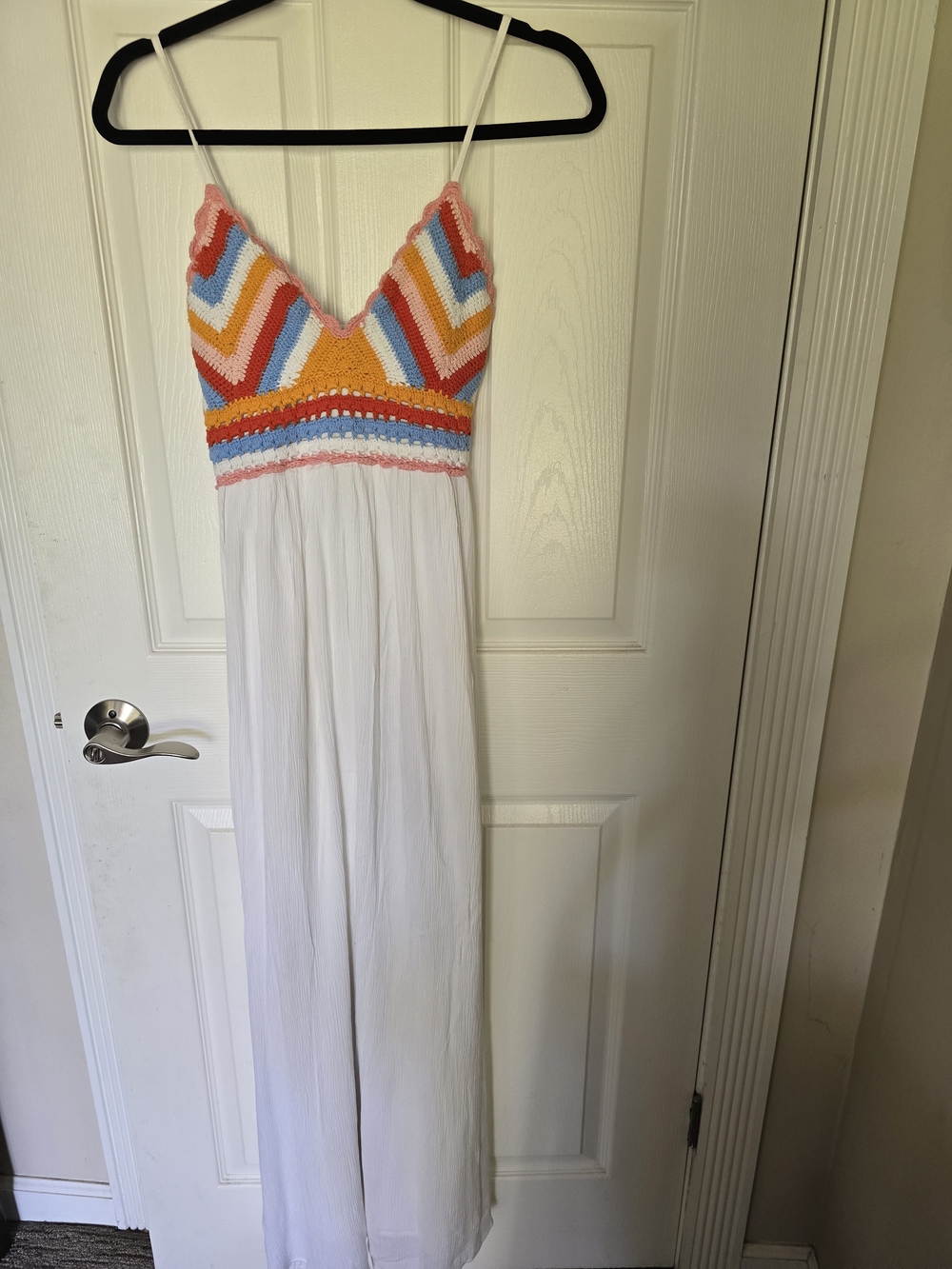 American Rag White Maxi Dress with Multicolor Crochet Bodice